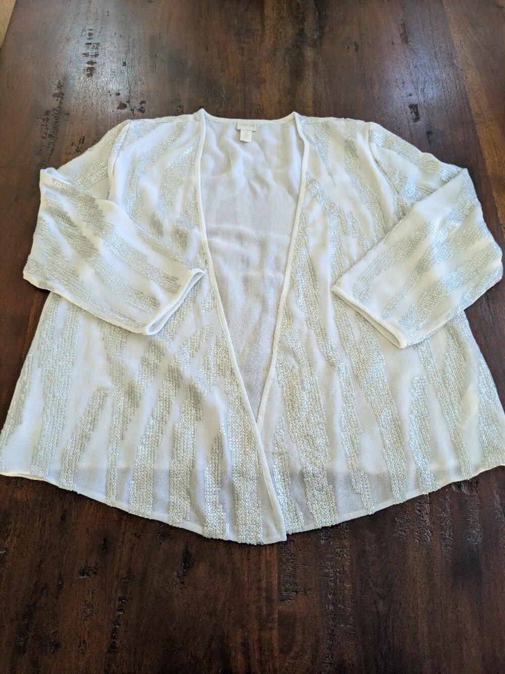 Chico's Silver Sequin Sheer Open Front Kimono Cardigan Top Large